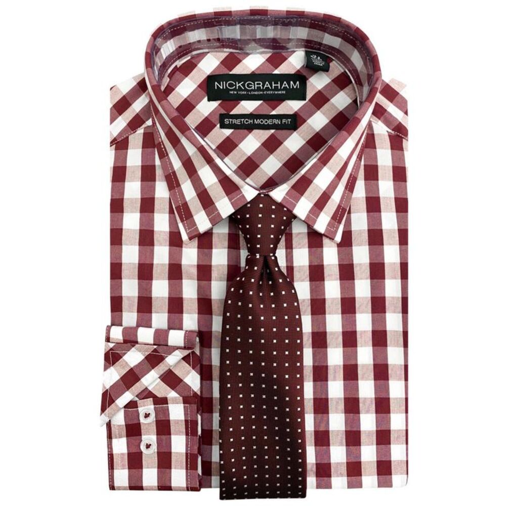 Nick Graham Mens Tie Set Button Down Dress Shirt, Red, 15.5 Neck, MP